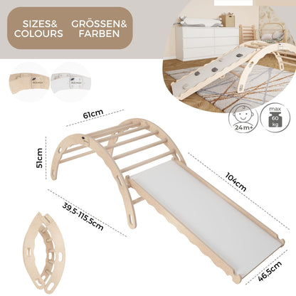 MAMOI® Kletterbogen mit rutsche, Kletterdreieck, Baby klettern, Regenbogenwippe aus holz, Holzbogen für Kinder, Rutschbrett für spielplatz, Klettergerüst indoor ab 1 jahr 2/3 jahre, Montessori-3