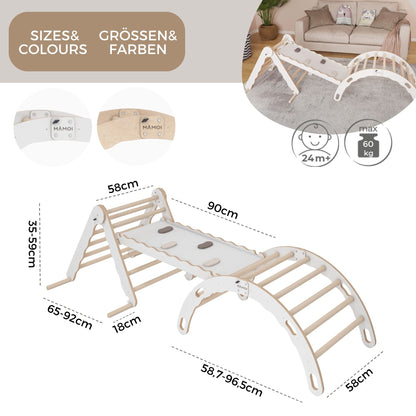 MAMOI® Set Klettergerüst indoor, Kletterdreieck mit rutsche aus holz, Kletterbogen, Baby kinder klettern, Regenbogenwippe mit Rutschbrett, Holzbogen für Spielplatz ab 1/2/3 jahre, Montessori-3