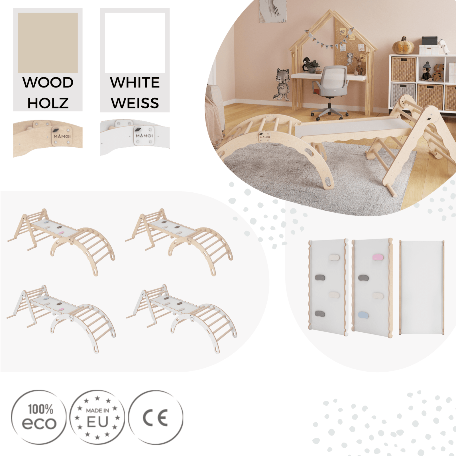 MAMOI® Set Klettergerüst indoor, Kletterdreieck mit rutsche aus holz, Kletterbogen, Baby kinder klettern, Regenbogenwippe mit Rutschbrett, Holzbogen für Spielplatz ab 1/2/3 jahre, Montessori-4