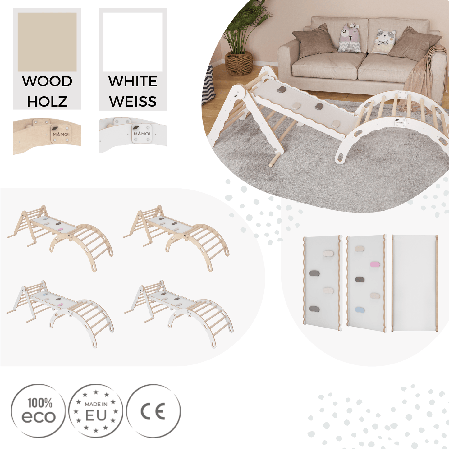 MAMOI® Set Klettergerüst indoor, Kletterdreieck mit rutsche aus holz, Kletterbogen, Baby kinder klettern, Regenbogenwippe mit Rutschbrett, Holzbogen für Spielplatz ab 1/2/3 jahre, Montessori-5