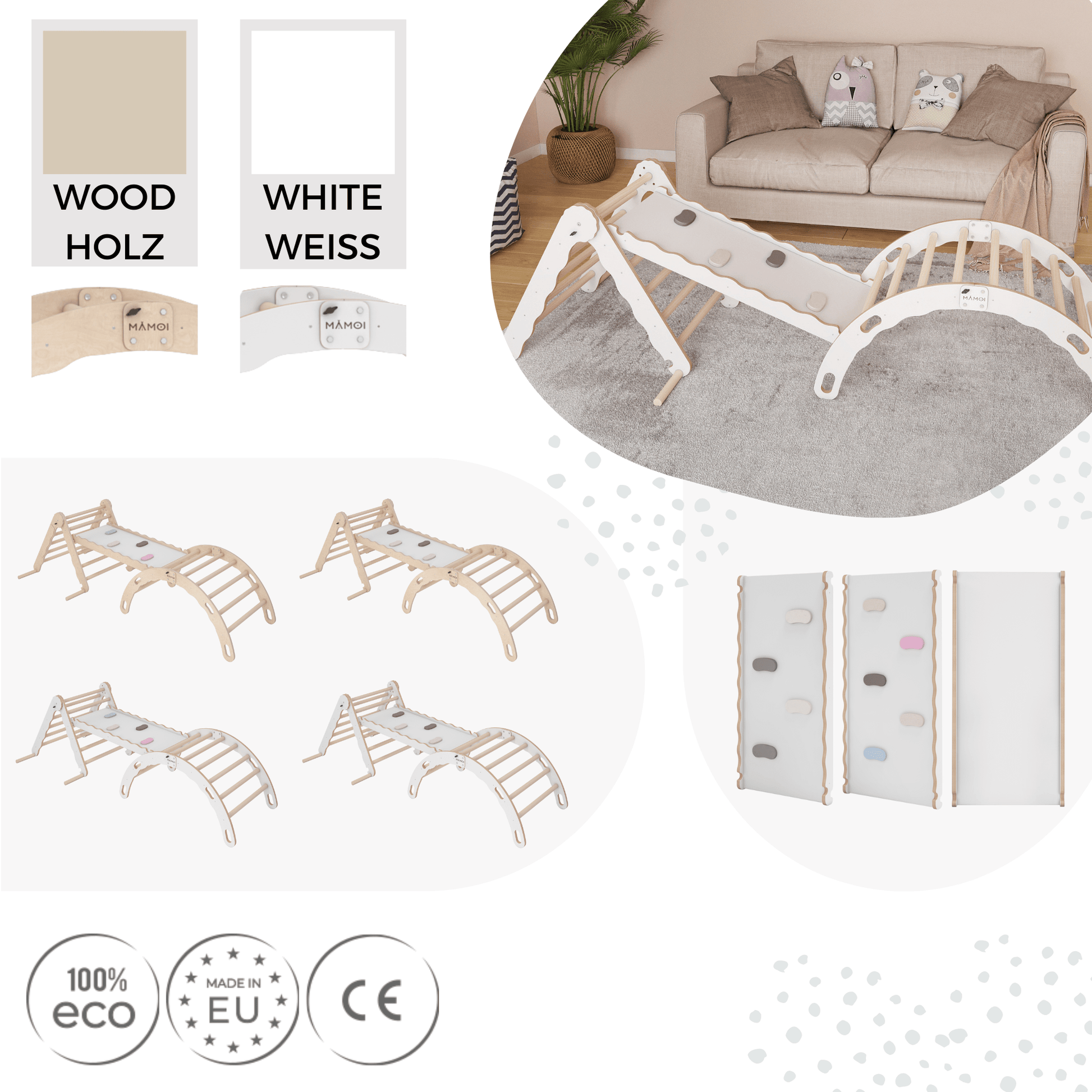 MAMOI® Set Klettergerüst indoor, Kletterdreieck mit rutsche aus holz, Kletterbogen, Baby kinder klettern, Regenbogenwippe mit Rutschbrett, Holzbogen für Spielplatz ab 1/2/3 jahre, Montessori-5