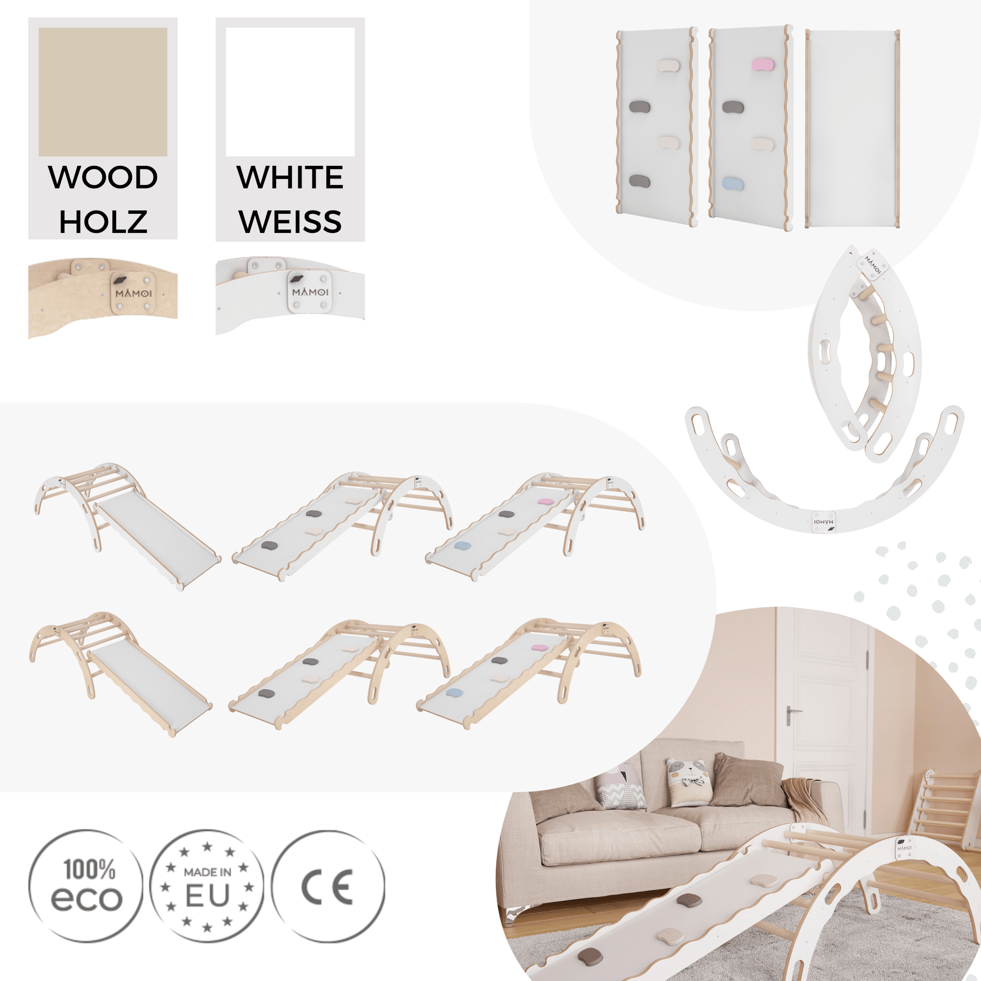 MAMOI® Kletterbogen mit rutsche, Kletterdreieck, Baby klettern, Regenbogenwippe aus holz, Holzbogen für Kinder, Rutschbrett für spielplatz, Klettergerüst indoor ab 1 jahr 2/3 jahre, Montessori-5