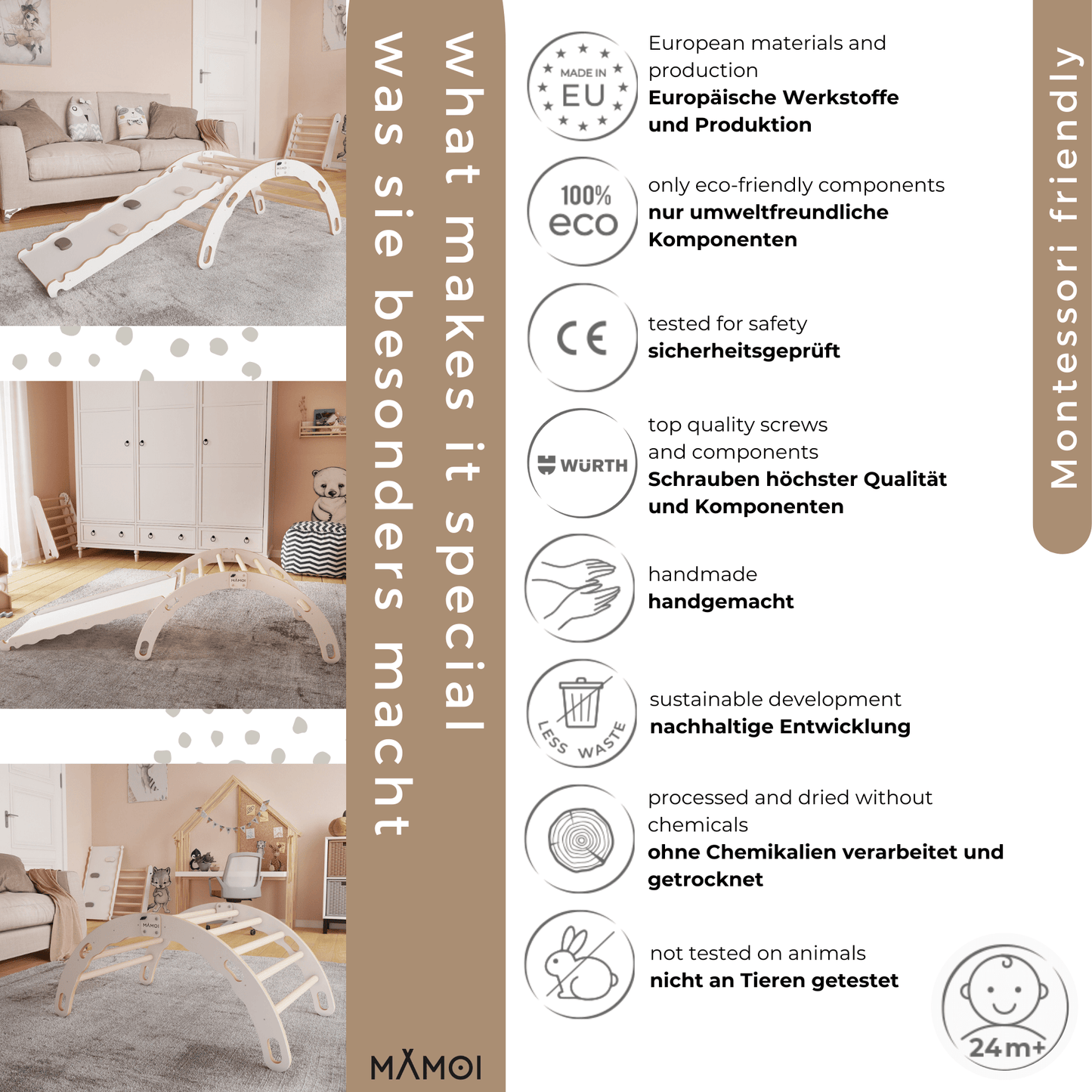 MAMOI® Kletterbogen mit rutsche, Kletterdreieck, Baby klettern, Regenbogenwippe aus holz, Holzbogen für Kinder, Rutschbrett für spielplatz, Klettergerüst indoor ab 1 jahr 2/3 jahre, Montessori-4