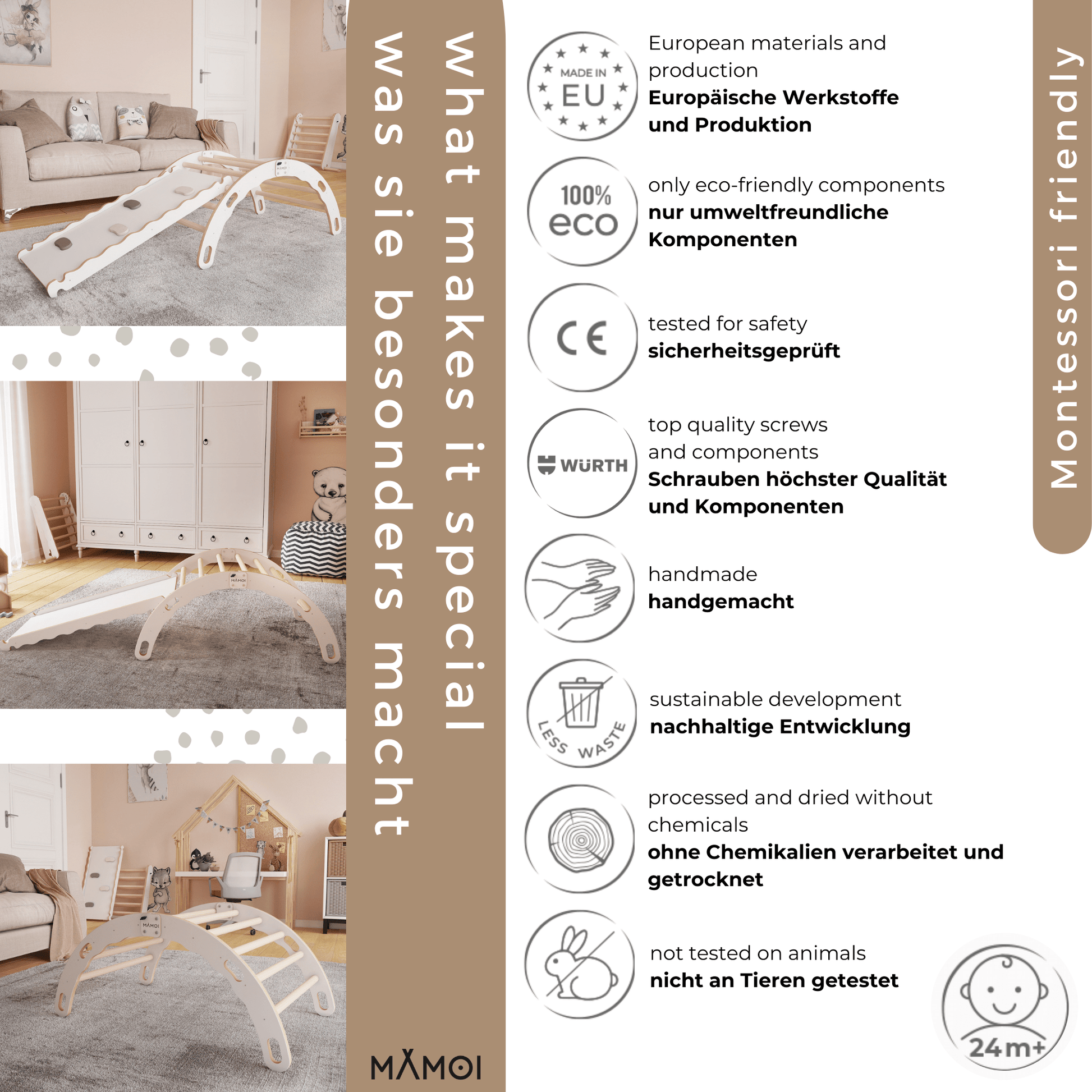 MAMOI® Kletterbogen mit rutsche, Kletterdreieck, Baby klettern, Regenbogenwippe aus holz, Holzbogen für Kinder, Rutschbrett für spielplatz, Klettergerüst indoor ab 1 jahr 2/3 jahre, Montessori-4
