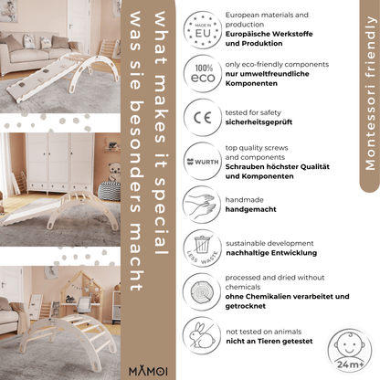 MAMOI® Kletterbogen mit rutsche, Kletterdreieck, Baby klettern, Regenbogenwippe aus holz, Holzbogen für Kinder, Rutschbrett für spielplatz, Klettergerüst indoor ab 1 jahr 2/3 jahre, Montessori-4