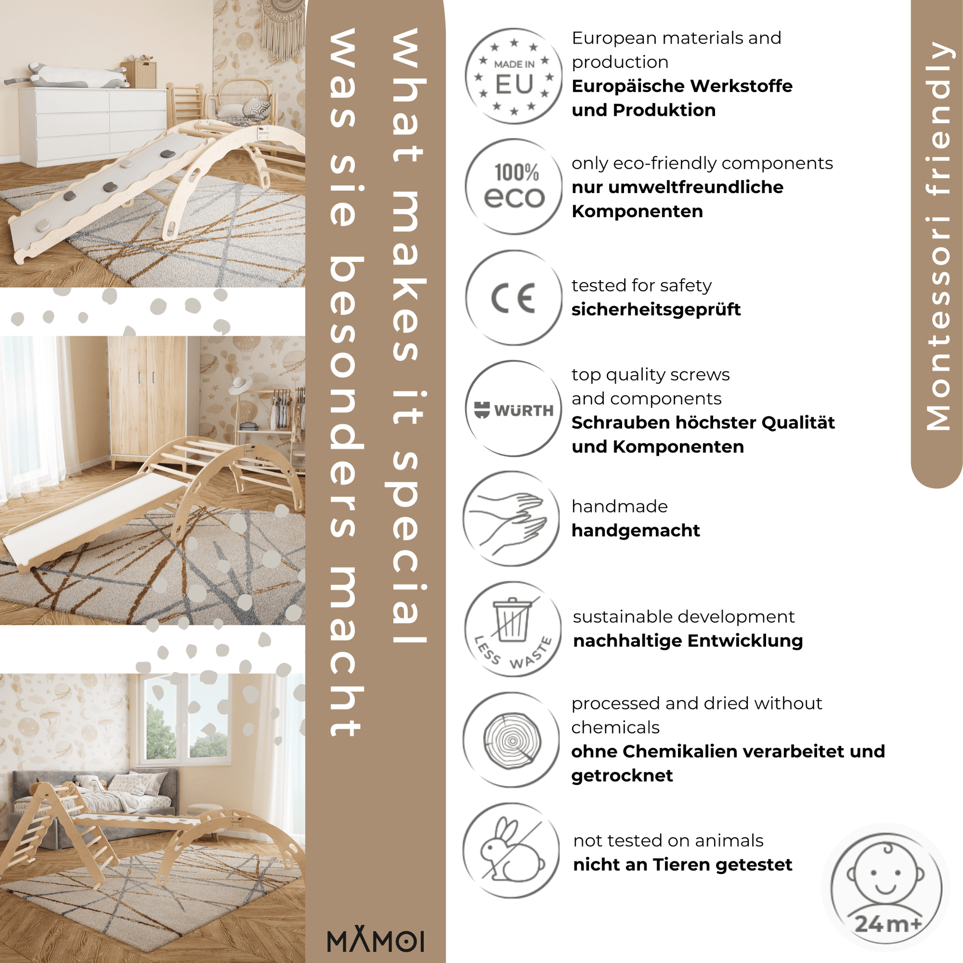 MAMOI® Kletterbogen mit rutsche, Kletterdreieck, Baby klettern, Regenbogenwippe aus holz, Holzbogen für Kinder, Rutschbrett für spielplatz, Klettergerüst indoor ab 1 jahr 2/3 jahre, Montessori-5