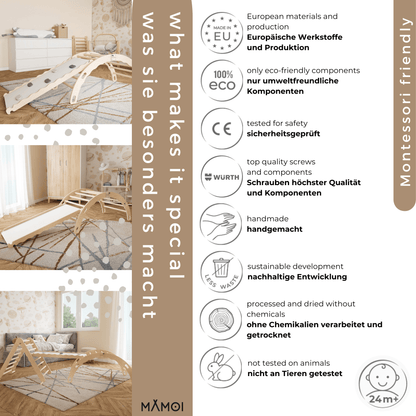 MAMOI® Kletterbogen mit rutsche, Kletterdreieck, Baby klettern, Regenbogenwippe aus holz, Holzbogen für Kinder, Rutschbrett für spielplatz, Klettergerüst indoor ab 1 jahr 2/3 jahre, Montessori-5