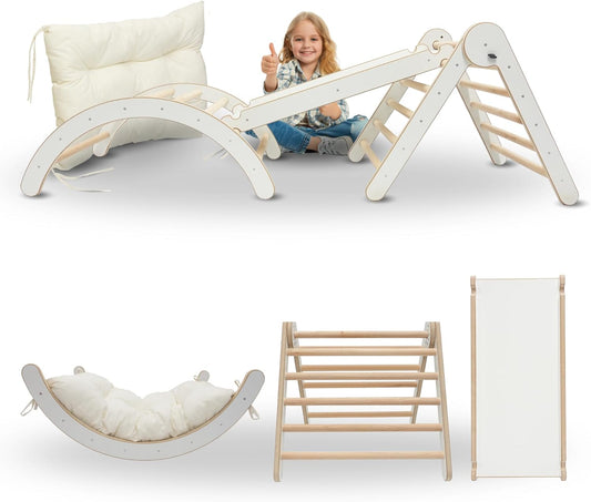 MAMOI® Klettergerüst Kletterdreieck Indoor 4 in 1 SET. Montessori Kletterbogen mit Kissen, Indoor Spielplatz 1-3 Jahre und Rutsche für Kinder.-0