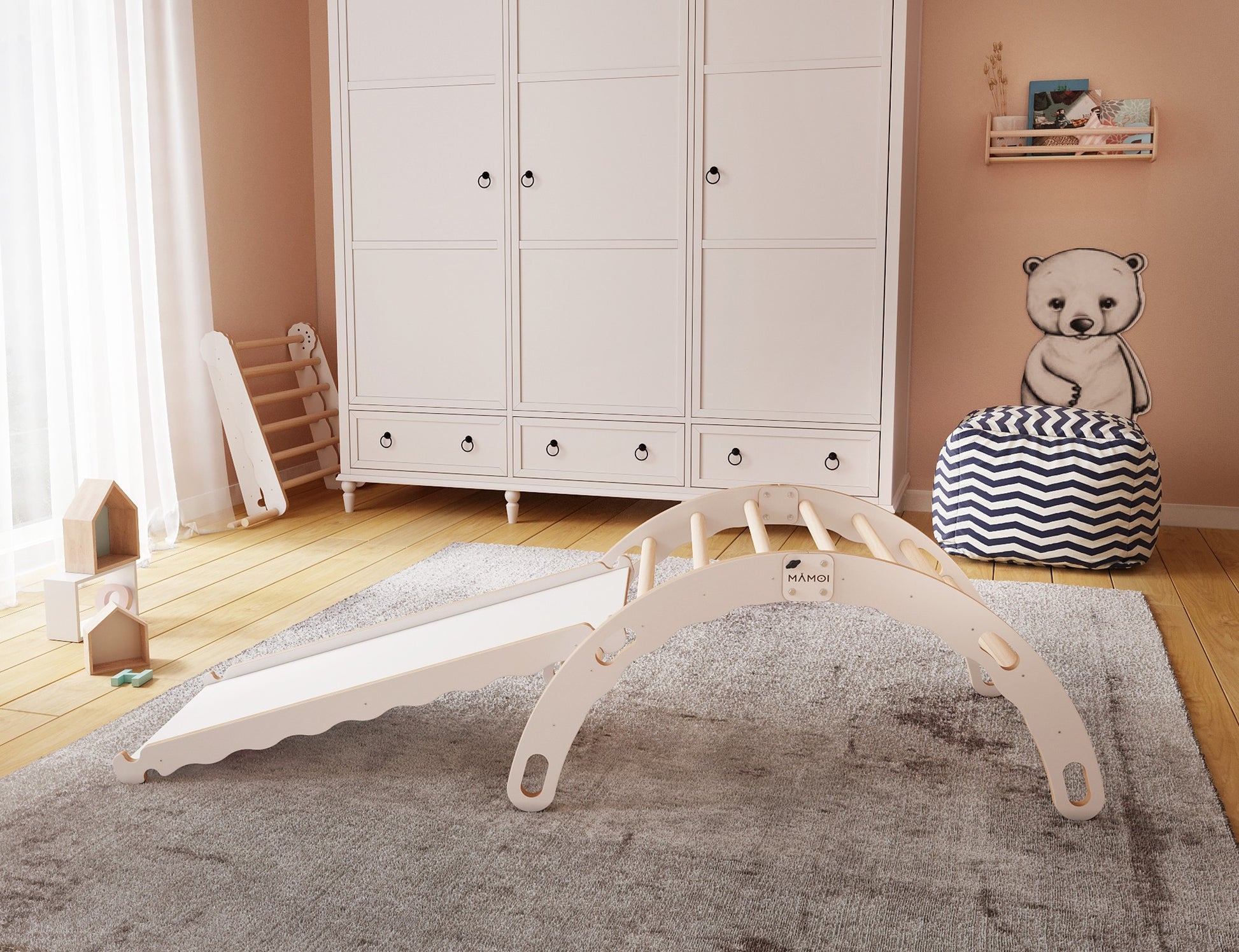 MAMOI® Kletterbogen mit rutsche, Kletterdreieck, Baby klettern, Regenbogenwippe aus holz, Holzbogen für Kinder, Rutschbrett für spielplatz, Klettergerüst indoor ab 1 jahr 2/3 jahre, Montessori-2