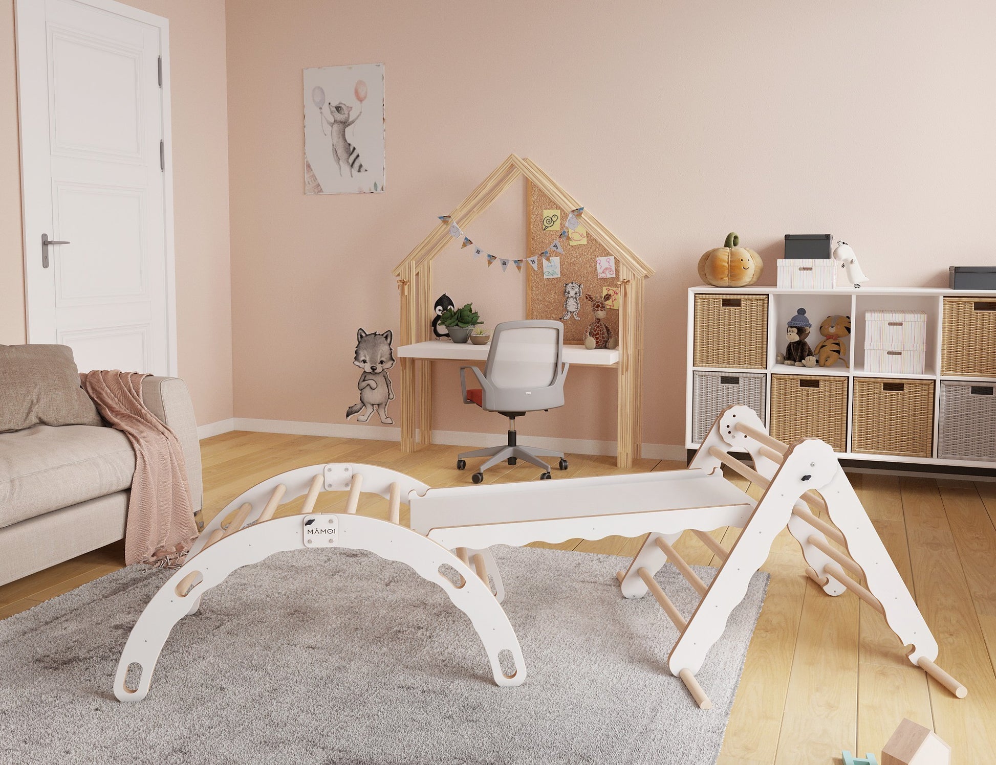 MAMOI® Set Klettergerüst indoor, Kletterdreieck mit rutsche aus holz, Kletterbogen, Baby kinder klettern, Regenbogenwippe mit Rutschbrett, Holzbogen für Spielplatz ab 1/2/3 jahre, Montessori-2