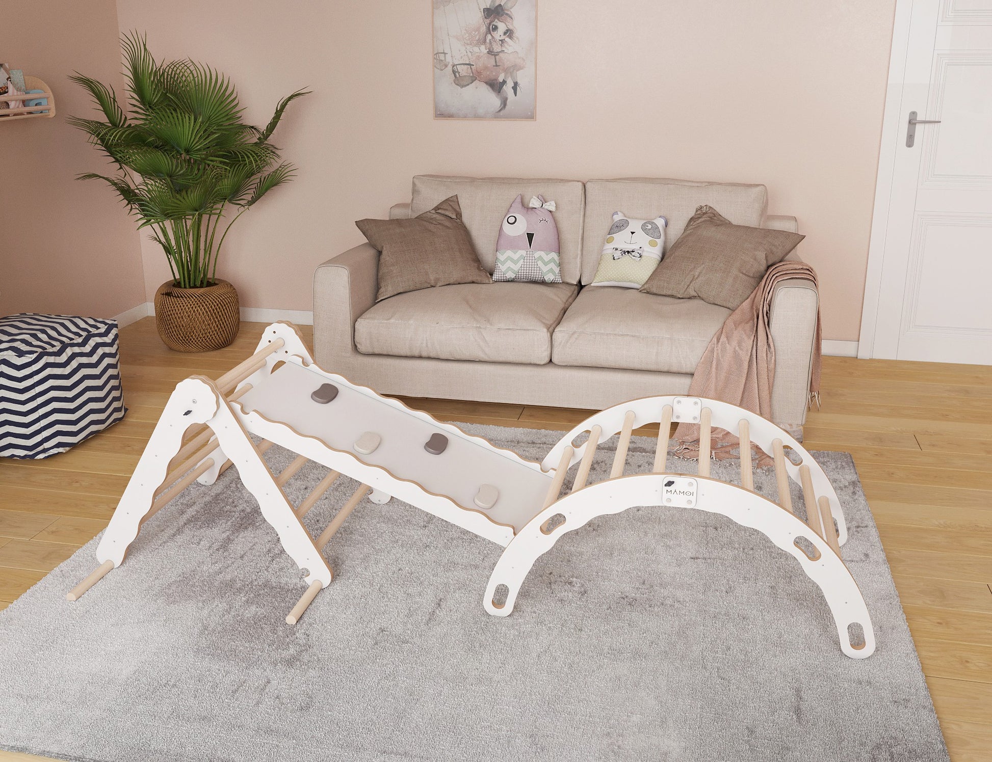 MAMOI® Set Klettergerüst indoor, Kletterdreieck mit rutsche aus holz, Kletterbogen, Baby kinder klettern, Regenbogenwippe mit Rutschbrett, Holzbogen für Spielplatz ab 1/2/3 jahre, Montessori-1