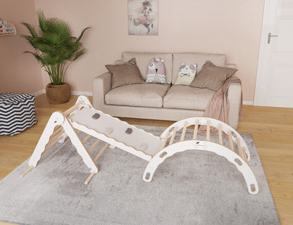 MAMOI® Set Klettergerüst indoor, Kletterdreieck mit rutsche aus holz, Kletterbogen, Baby kinder klettern, Regenbogenwippe mit Rutschbrett, Holzbogen für Spielplatz ab 1/2/3 jahre, Montessori-1