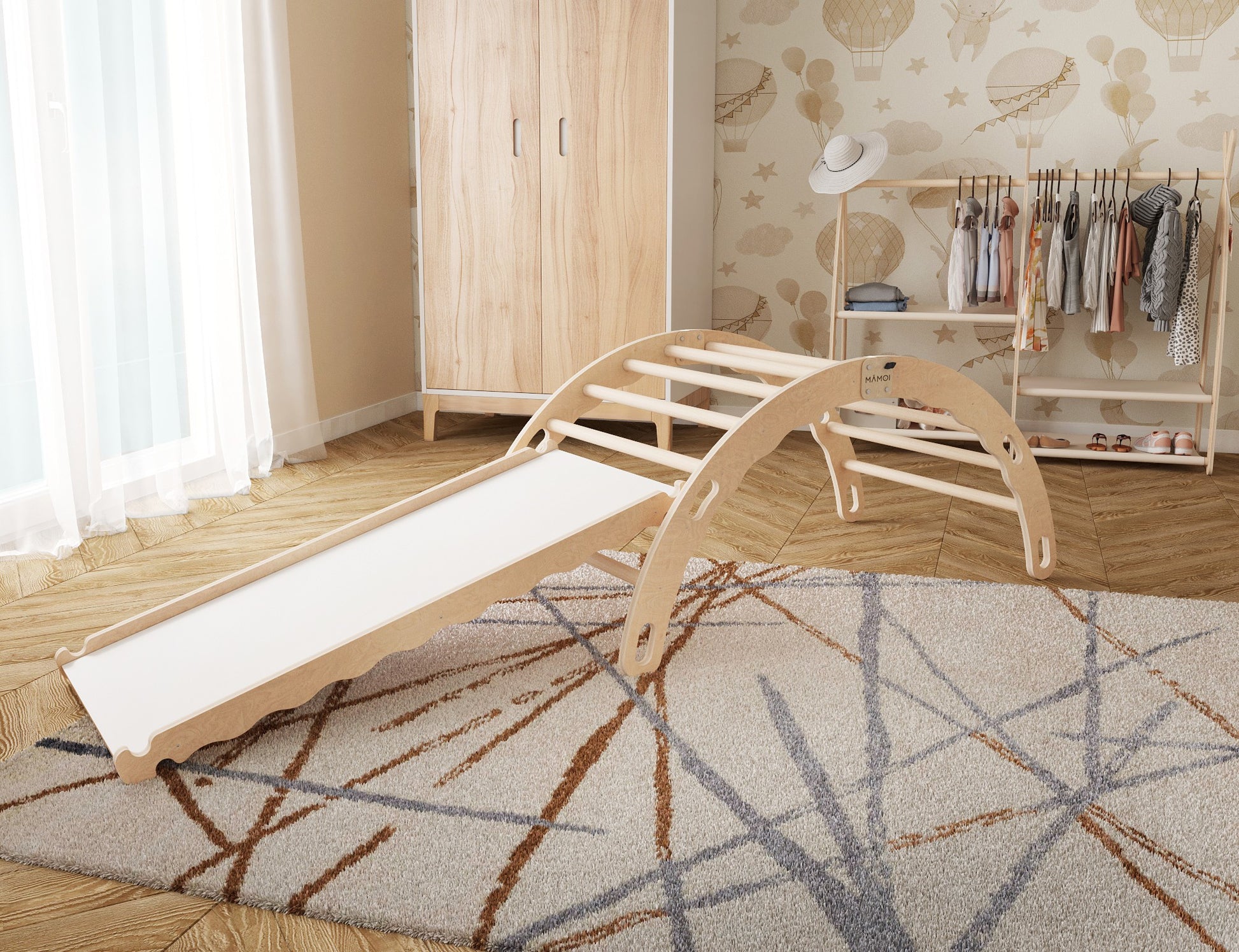 MAMOI® Kletterbogen mit rutsche, Kletterdreieck, Baby klettern, Regenbogenwippe aus holz, Holzbogen für Kinder, Rutschbrett für spielplatz, Klettergerüst indoor ab 1 jahr 2/3 jahre, Montessori-2