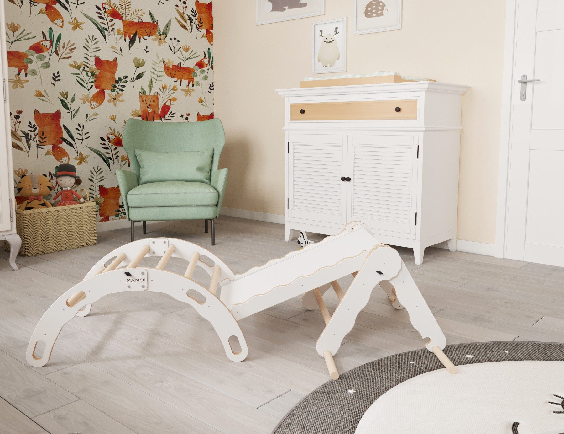 MAMOI® Set Klettergerüst indoor, Kletterdreieck mit rutsche aus holz, Kletterbogen, Baby kinder klettern, Regenbogenwippe mit Rutschbrett, Holzbogen für Spielplatz ab 1/2/3 jahre, Montessori-2