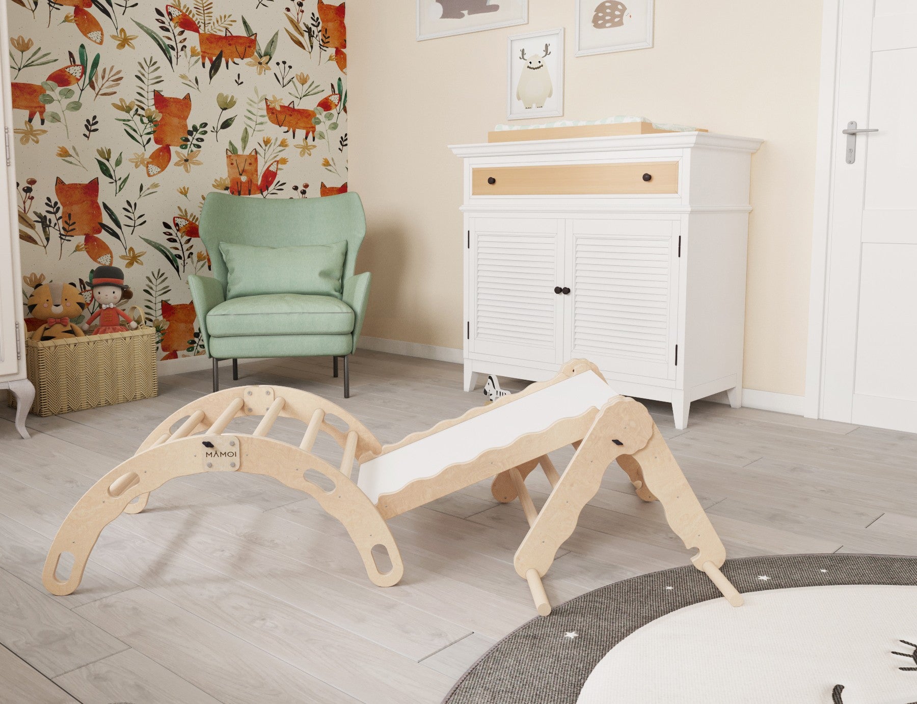 MAMOI® Set Klettergerüst indoor, Kletterdreieck mit rutsche aus holz, Kletterbogen, Baby kinder klettern, Regenbogenwippe mit Rutschbrett, Holzbogen für Spielplatz ab 1/2/3 jahre, Montessori-2
