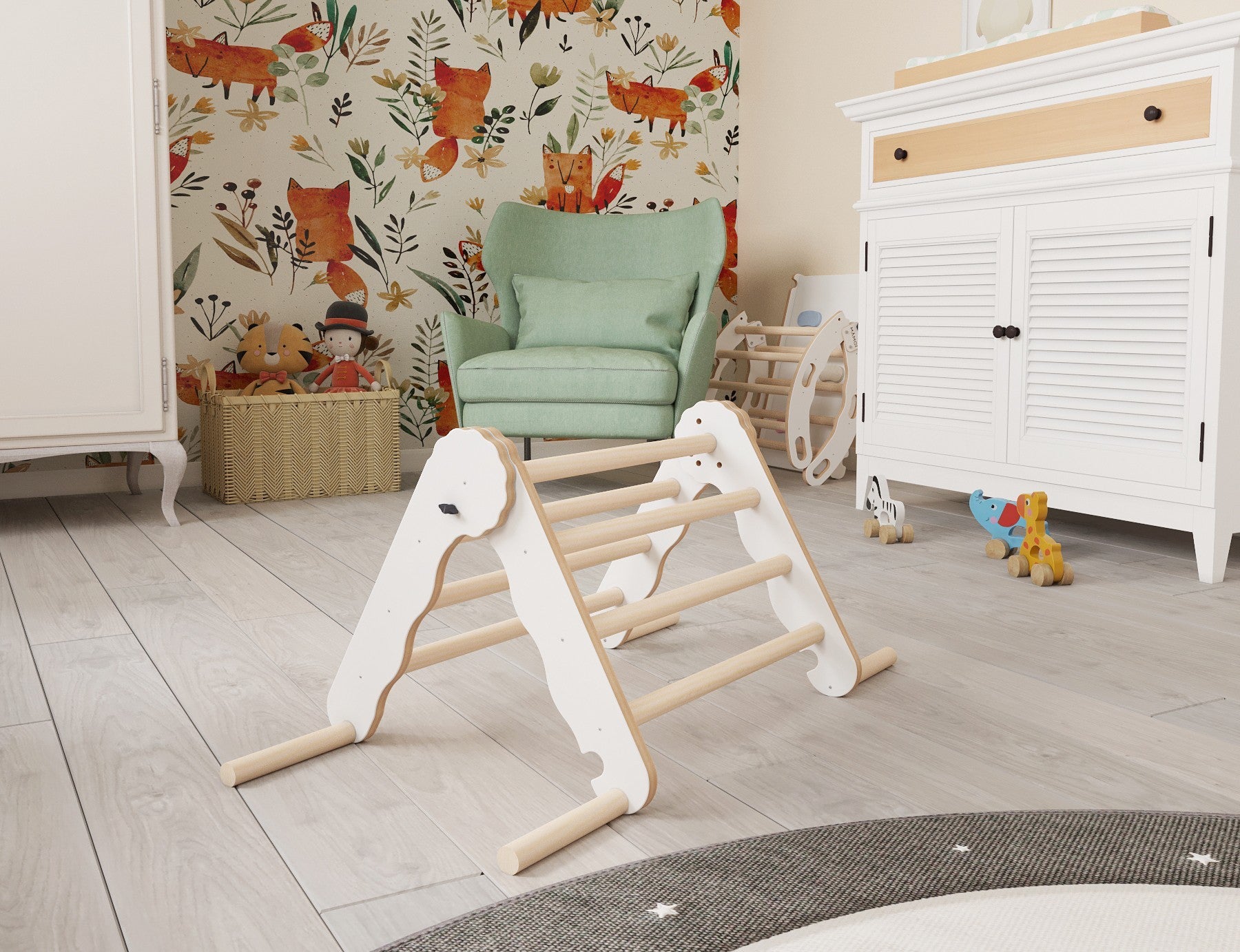 MAMOI® Klettergerüst indoor, Kletterdreieck aus holz, Baby kinder klettern, Kletterturm, Kletterbogen, Regenbogenwippe, Montessori spielzeug ab 1 jahr 2/3 jahre-1