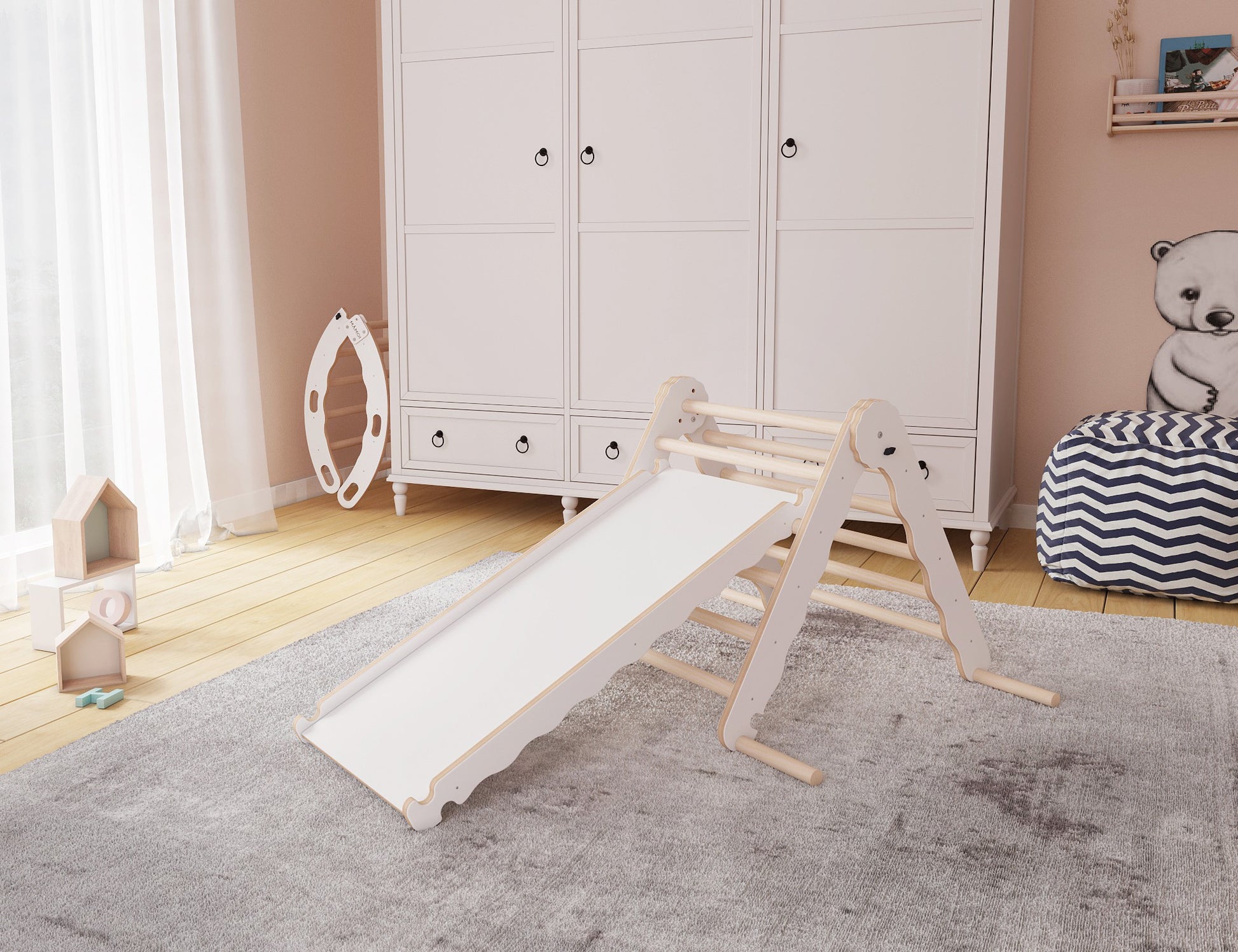 MAMOI® Klettergerüst indoor, Kletterdreieck mit rutsche holz, Baby kinder klettern, Kletterturm rutschbrett, Kletterbogen kinderrutsche, Regenbogenwippe, Montessori spielzeug ab 1 jahr 2/3 jahre-2