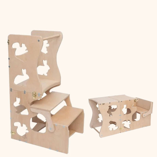 WOODANDHEARTS 2-in-1 Montessori Lernturm mit Tiermuster
